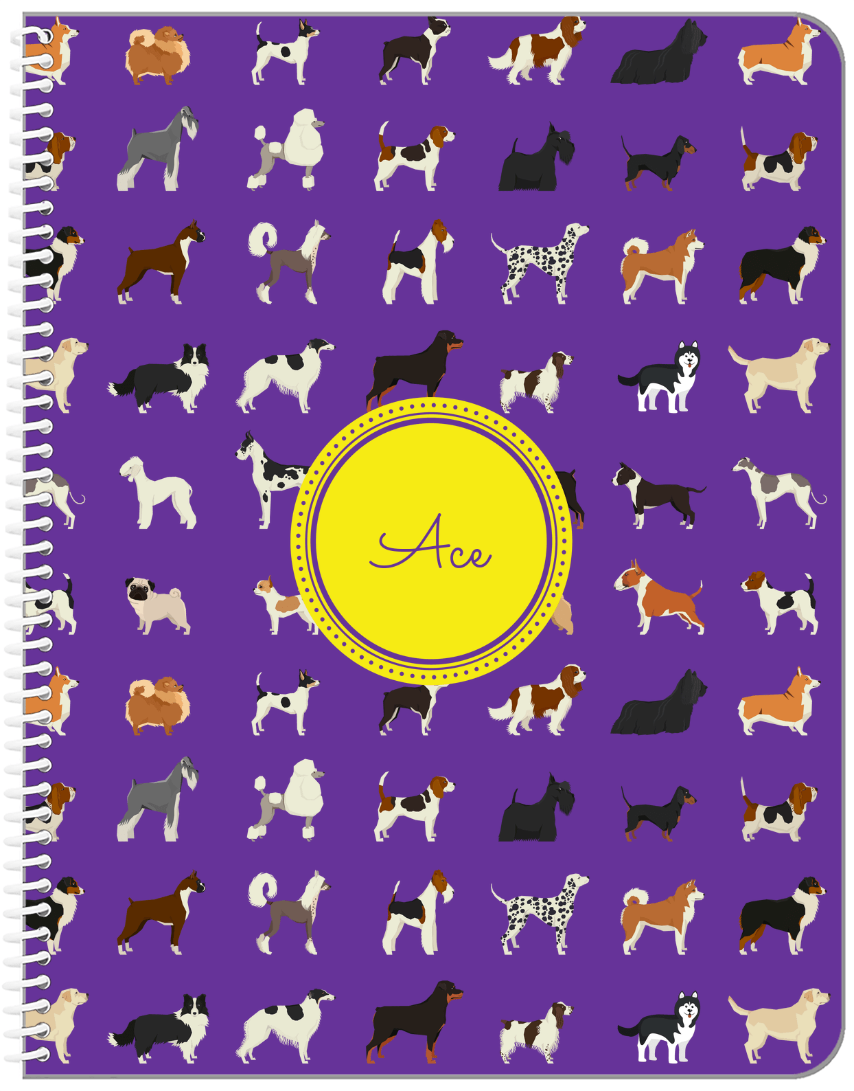 Personalized Dogs Notebook XVII - Purple Background - Circle Nameplate - Front View