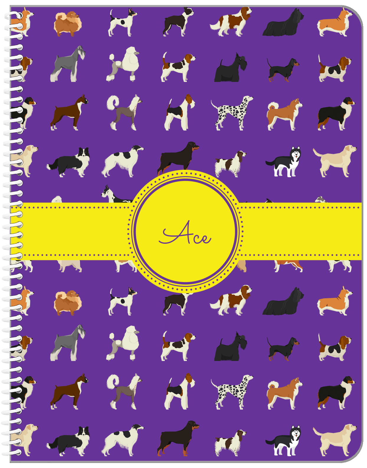 Personalized Dogs Notebook XVII - Purple Background - Circle Ribbon Nameplate - Front View