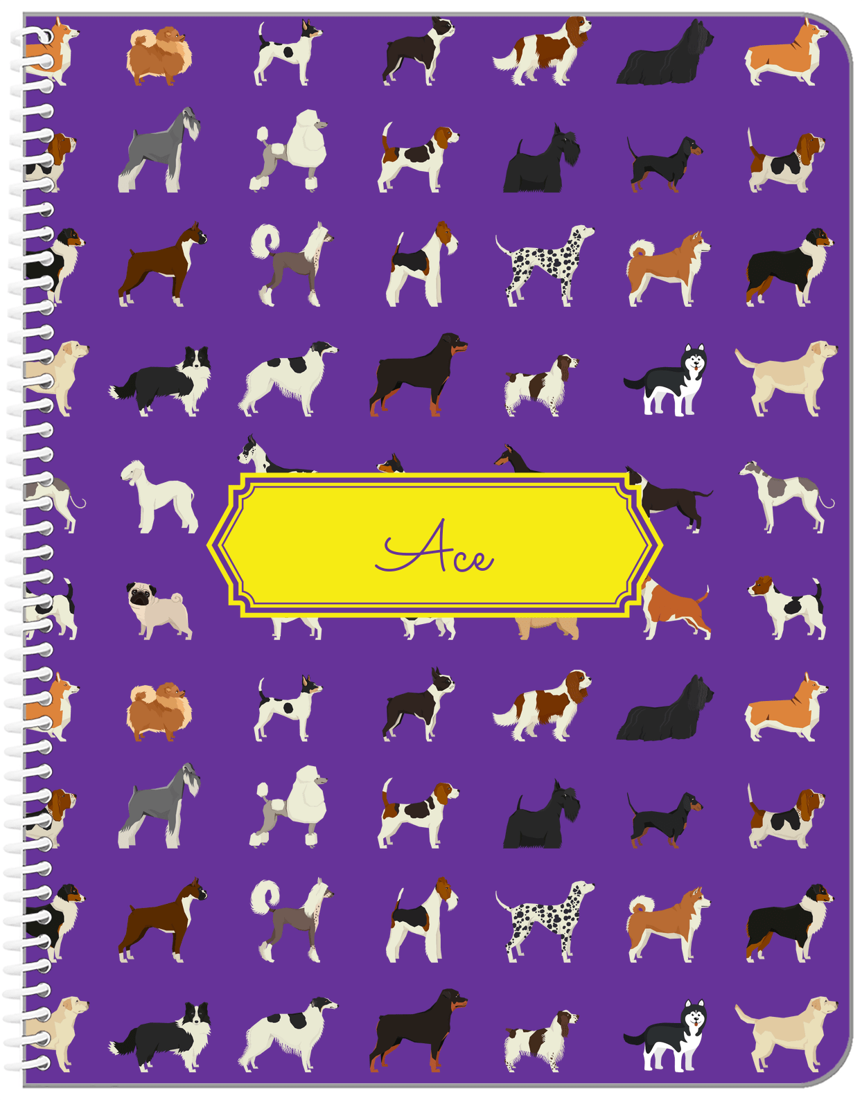Personalized Dogs Notebook XVII - Purple Background - Decorative Rectangle Nameplate - Front View