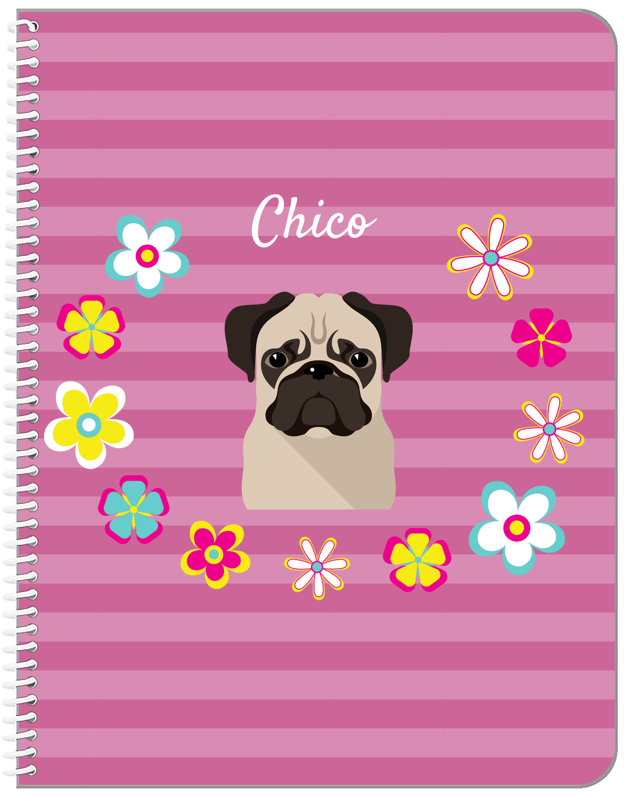Personalized Dogs Notebook XIX - Pink Background - Pug - Front View