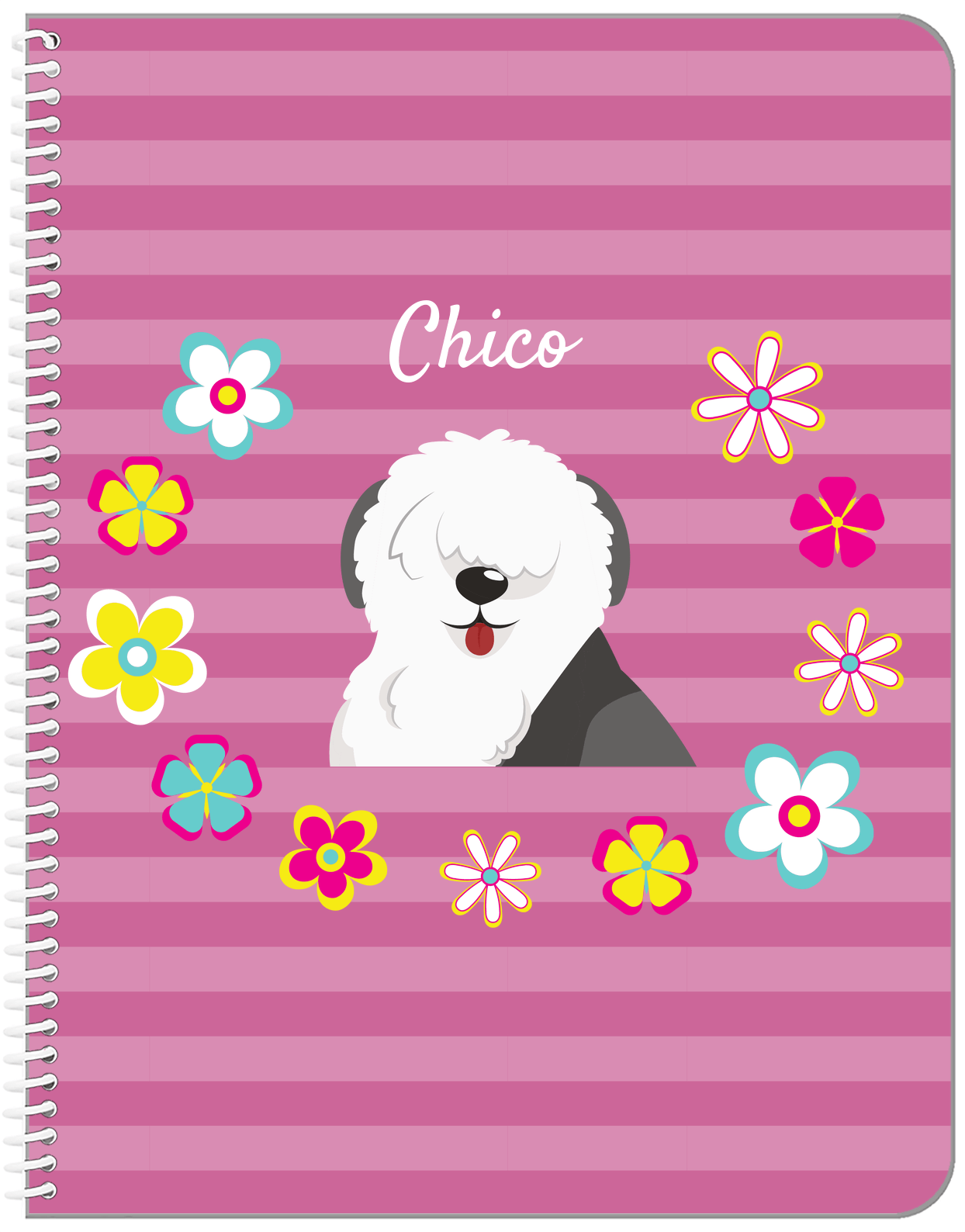 Personalized Dogs Notebook XIX - Pink Background - Sheep Dog - Front View