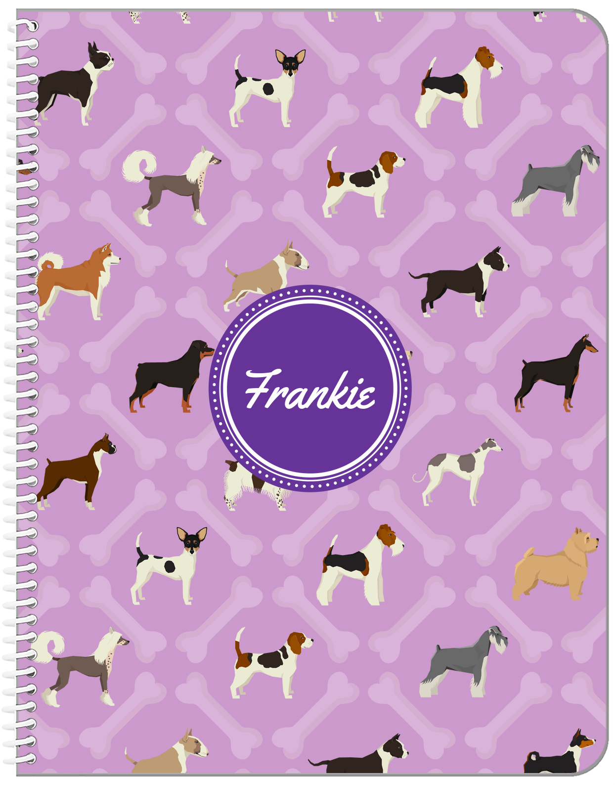 Personalized Dogs Notebook XXI - Purple Background - Circle Nameplate - Front View