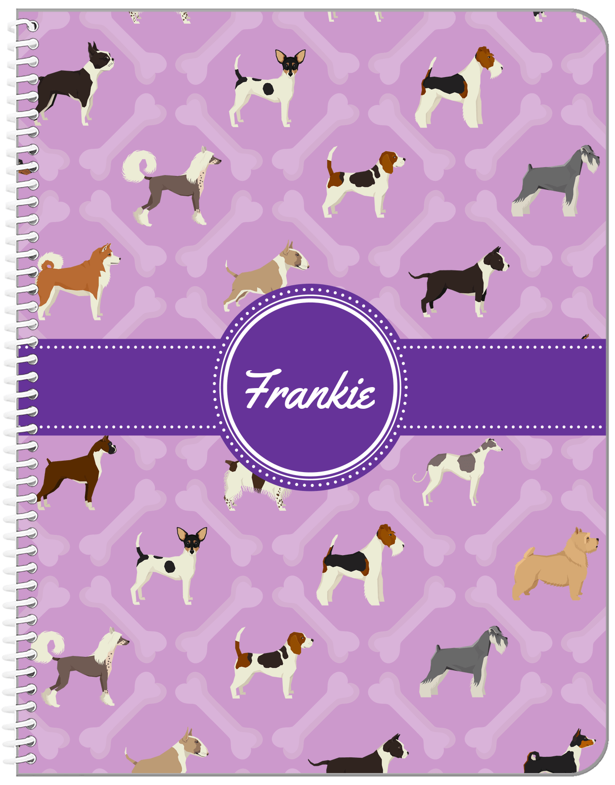 Personalized Dogs Notebook XXI - Purple Background - Circle Ribbon Nameplate - Front View
