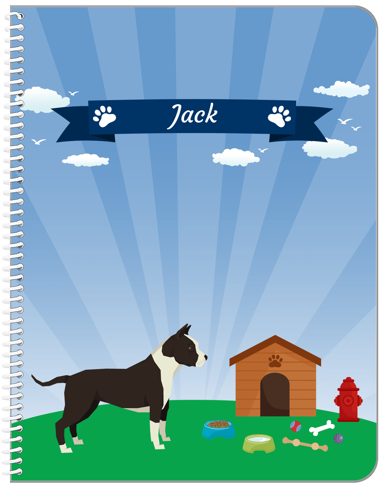 Personalized Dogs Notebook XXII - Blue Background - American Staffordshire Terrier - Front View