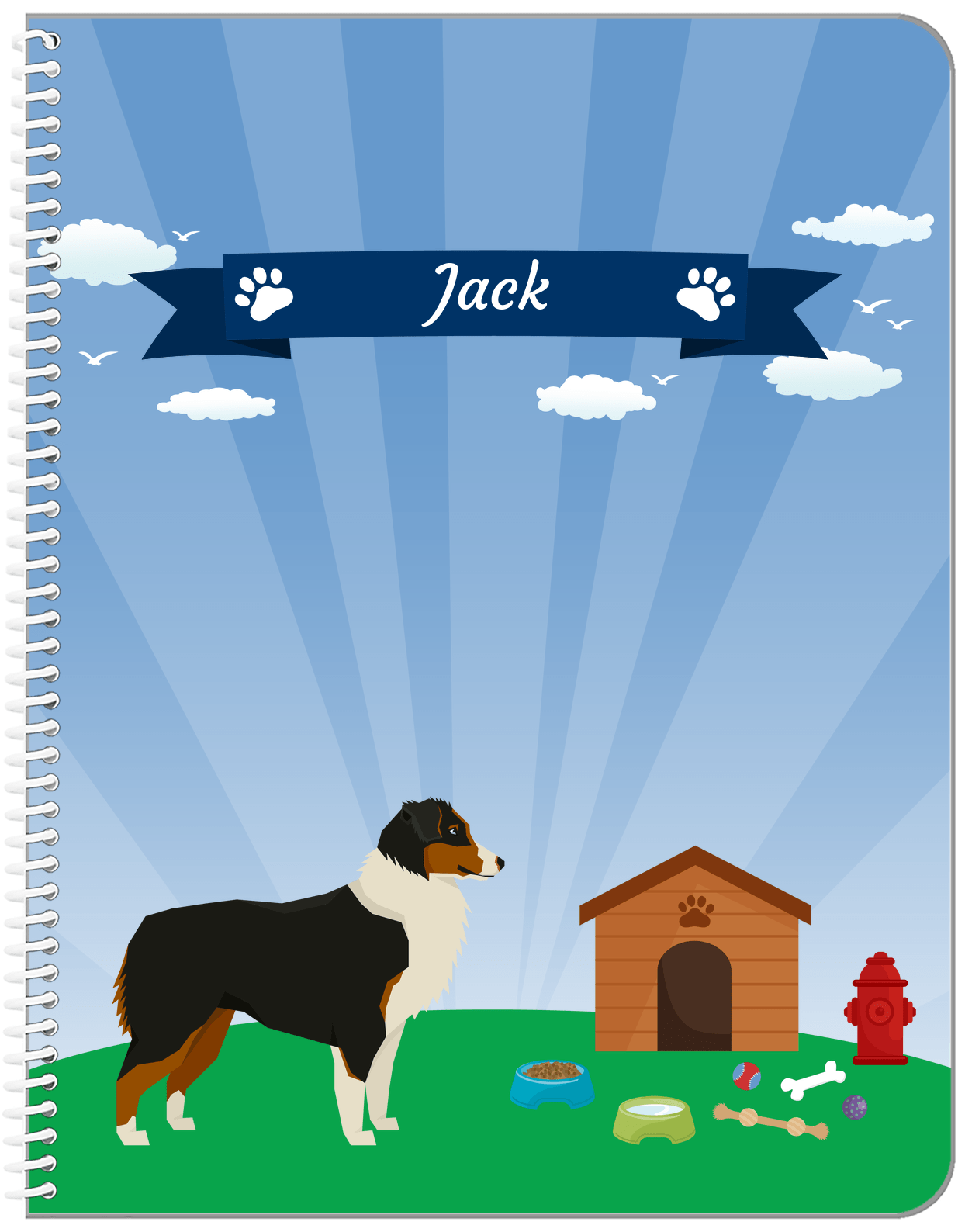 Personalized Dogs Notebook XXII - Blue Background - Australian Shepherd - Front View