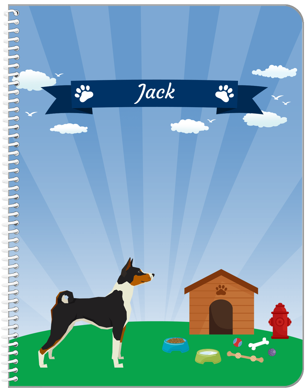 Personalized Dogs Notebook XXII - Blue Background - Basenji - Front View