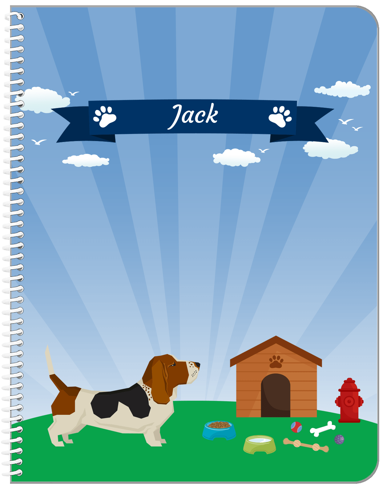 Personalized Dogs Notebook XXII - Blue Background - Basset Hound - Front View