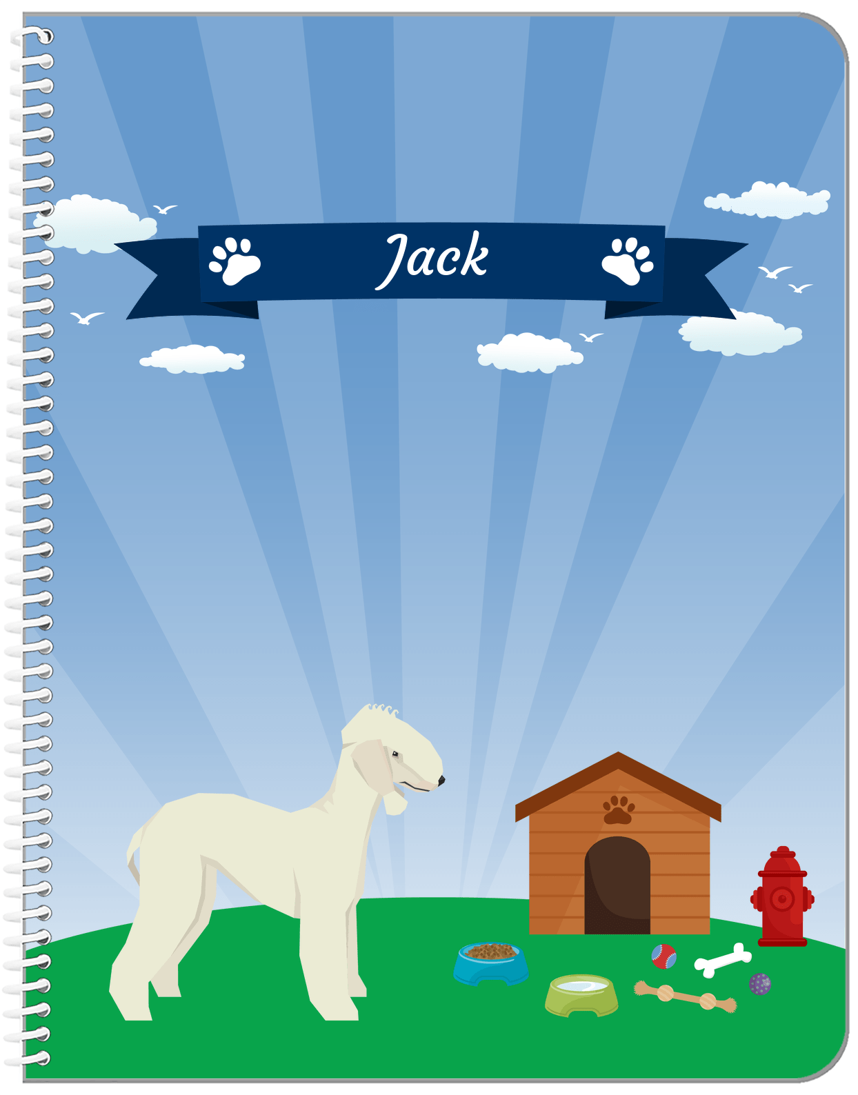 Personalized Dogs Notebook XXII - Blue Background - Bedlington Terrier - Front View