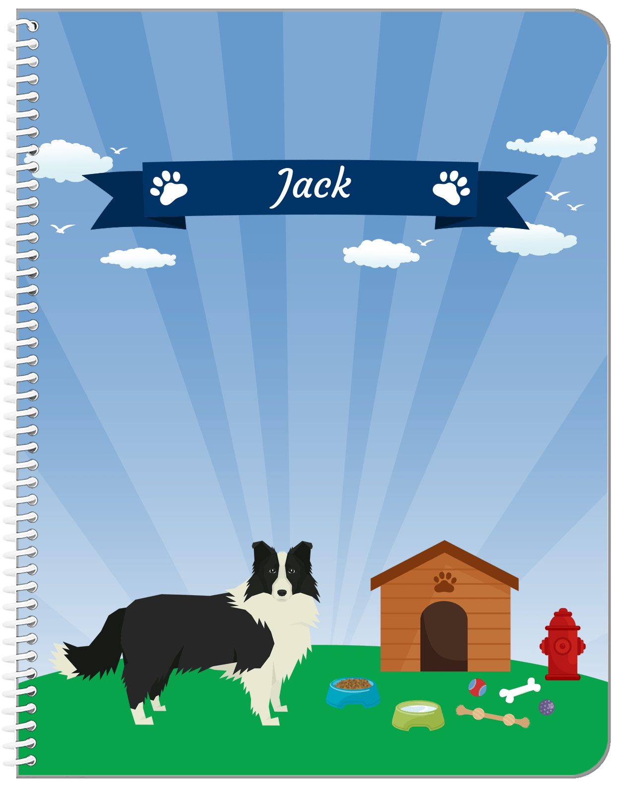 Personalized Dogs Notebook XXII - Blue Background - Border Collie - Front View