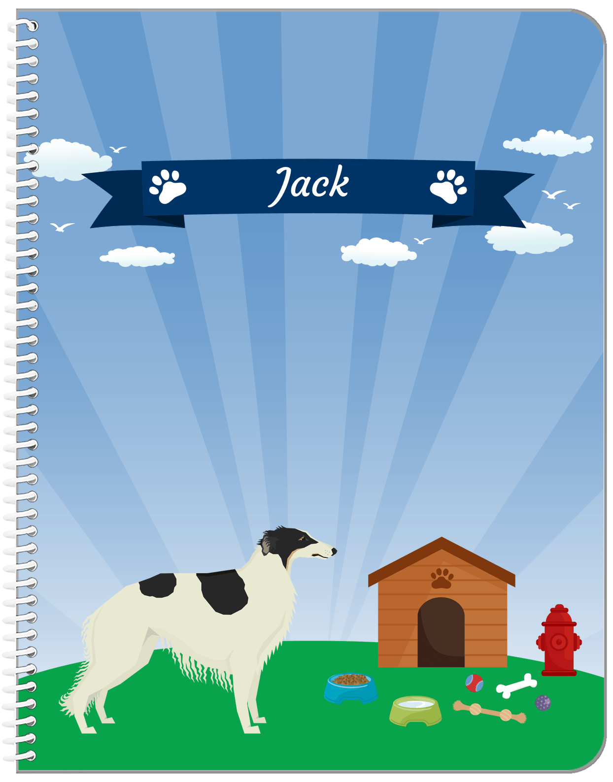 Personalized Dogs Notebook XXII - Blue Background - Borzoi - Front View