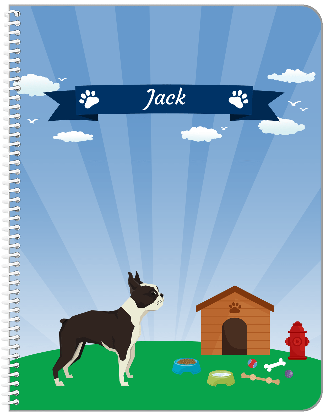 Personalized Dogs Notebook XXII - Blue Background - Boston Terrier - Front View