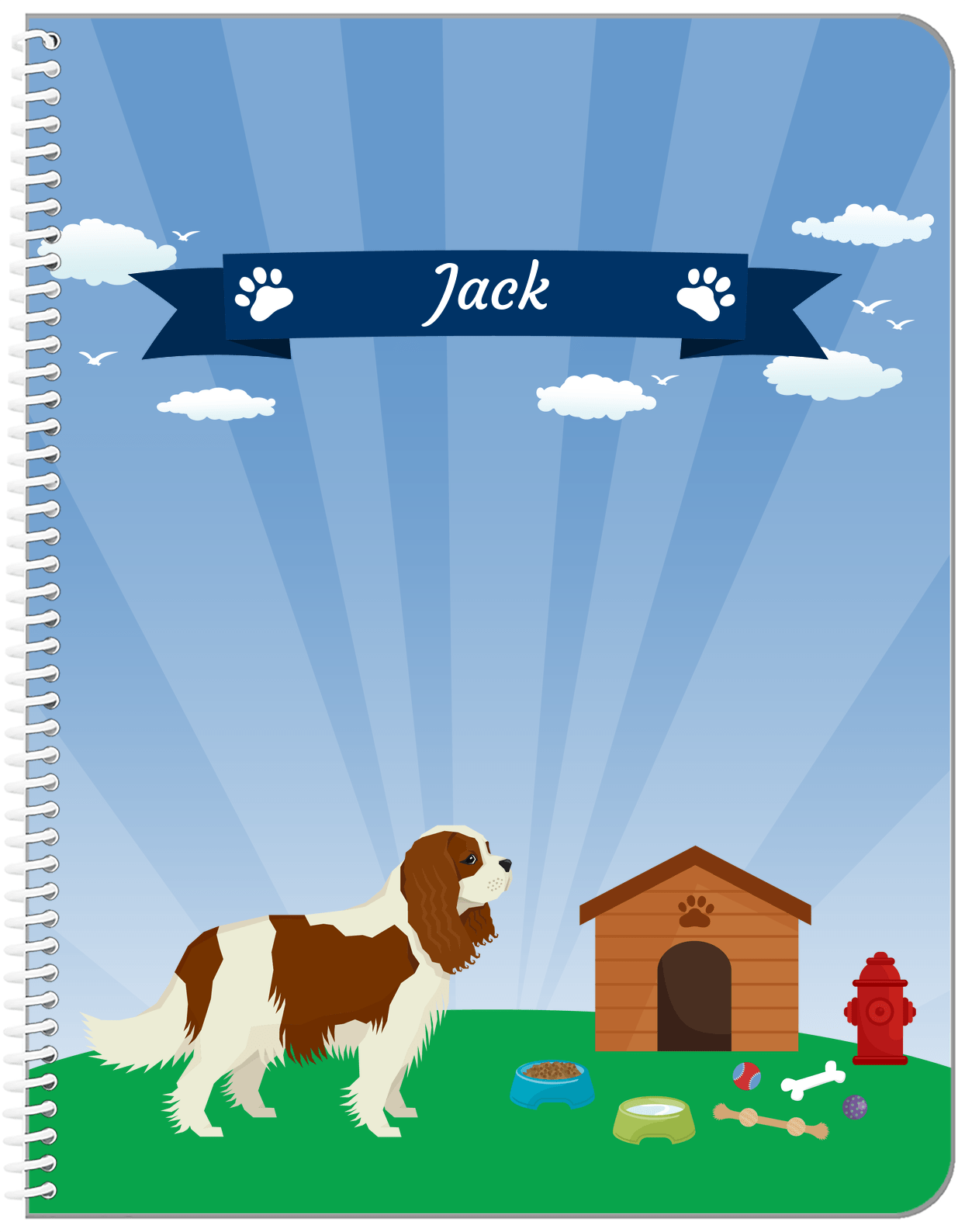 Personalized Dogs Notebook XXII - Blue Background - Cavalier King Charles Spaniel - Front View