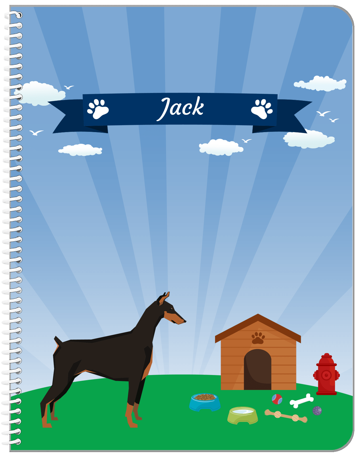 Personalized Dogs Notebook XXII - Blue Background - Doberman - Front View
