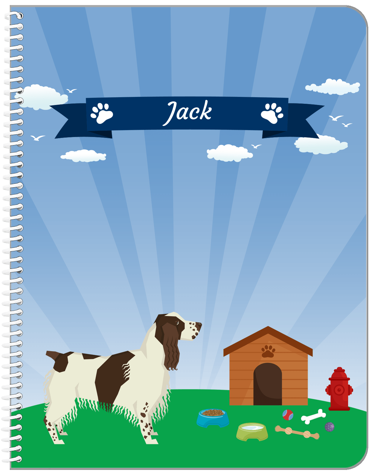 Personalized Dogs Notebook XXII - Blue Background - English Springer Spaniel - Front View