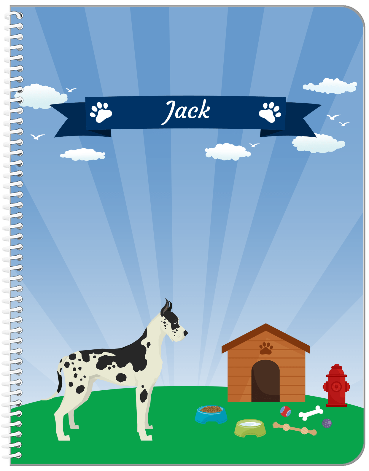 Personalized Dogs Notebook XXII - Blue Background - Great Dane - Front View