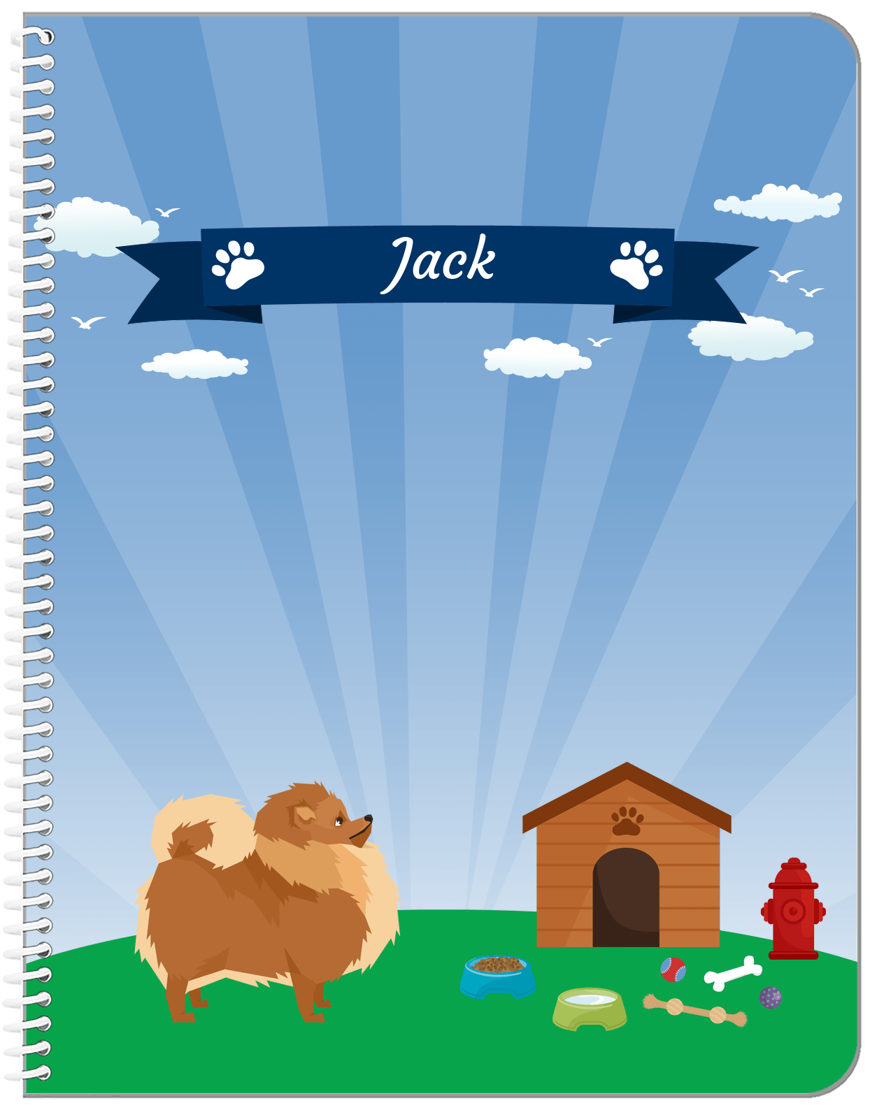 Personalized Dogs Notebook XXII - Blue Background - Pomeranian - Front View