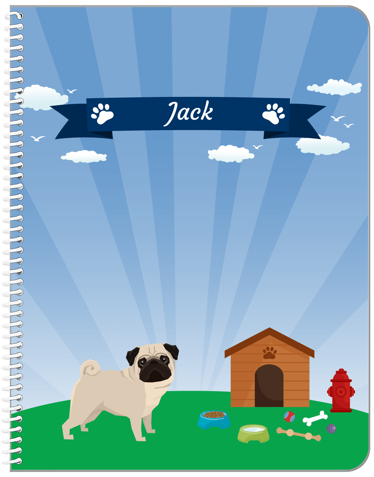 Personalized Dogs Notebook XXII - Blue Background - Pug - Front View