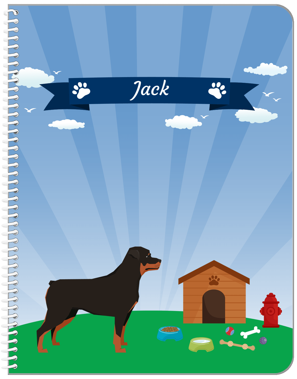 Personalized Dogs Notebook XXII - Blue Background - Rottweiler - Front View