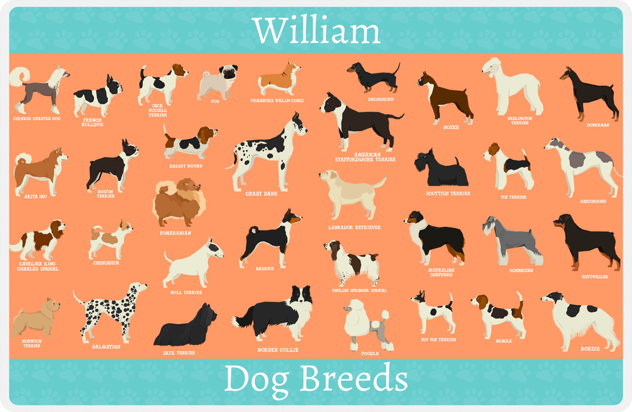 Personalized Dogs Placemat XXVI - Dog Breeds - Orange Background -  View