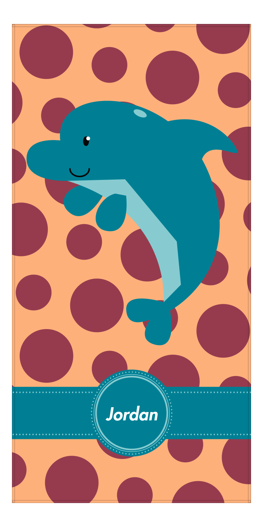 Personalized Dolphin Beach Towel with Polka Dots - Circle Ribbon Nameplate - Front View