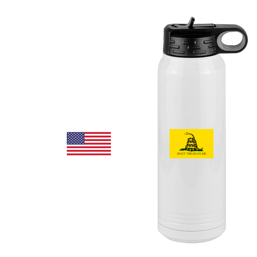 Don't Tread On Me Water Bottle (30 oz) - Gadsden Flag & USA Flag - Design View