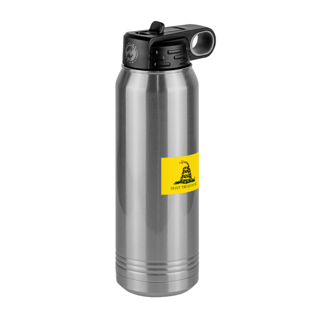 Don't Tread On Me Water Bottle (30 oz) - Gadsden Flag & USA Flag - Front Right View
