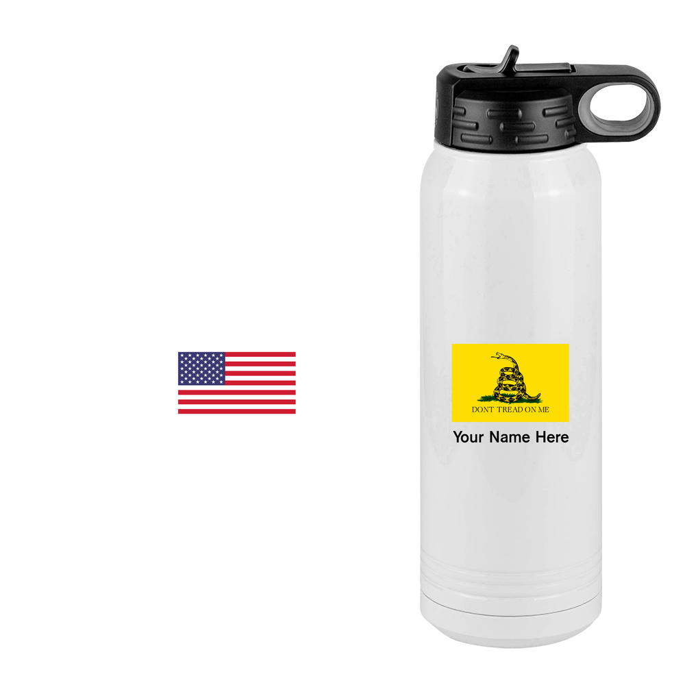 Personalized Don't Tread On Me Water Bottle (30 oz) - Gadsden Flag & USA Flag - Design View