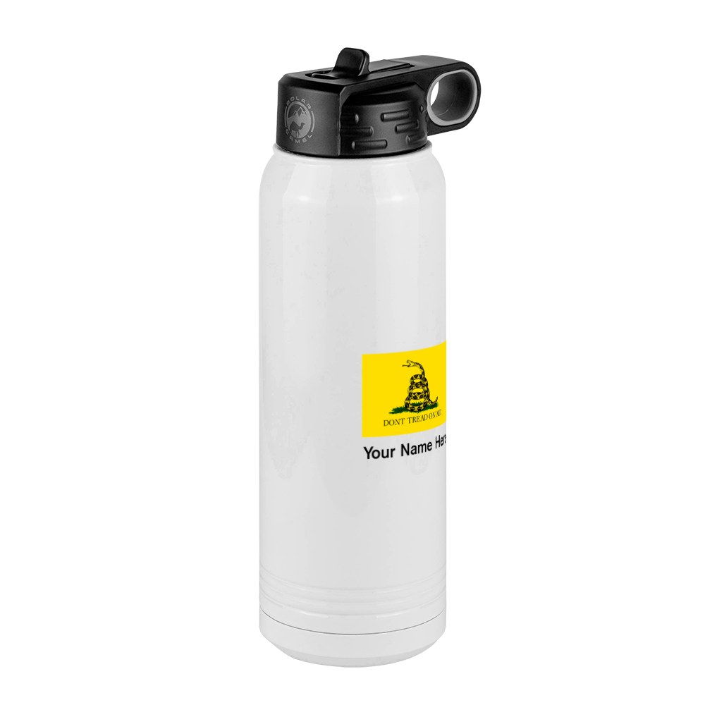 Personalized Don't Tread On Me Water Bottle (30 oz) - Gadsden Flag & USA Flag - Front Right View