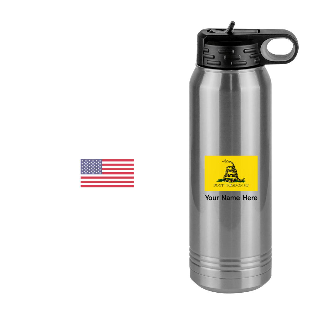 Personalized Don't Tread On Me Water Bottle (30 oz) - Gadsden Flag & USA Flag - Design View