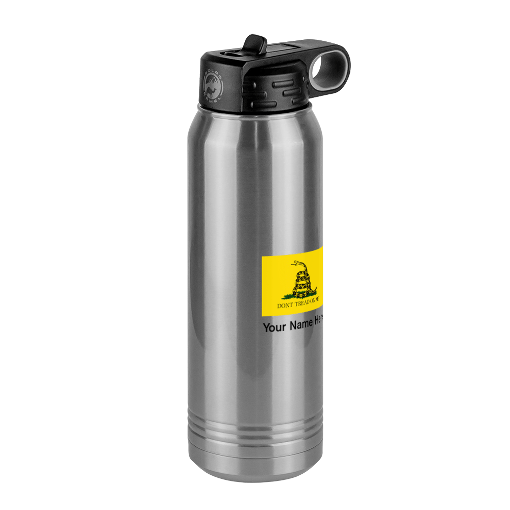 Personalized Don't Tread On Me Water Bottle (30 oz) - Gadsden Flag & USA Flag - Front Right View