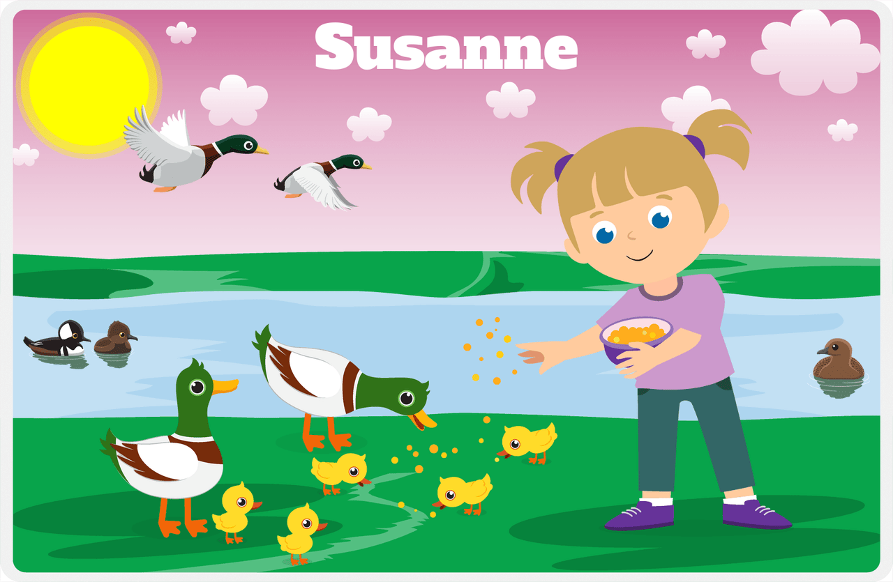Personalized Ducks Placemat VI - Feeding Ducks - Blonde Girl -  View