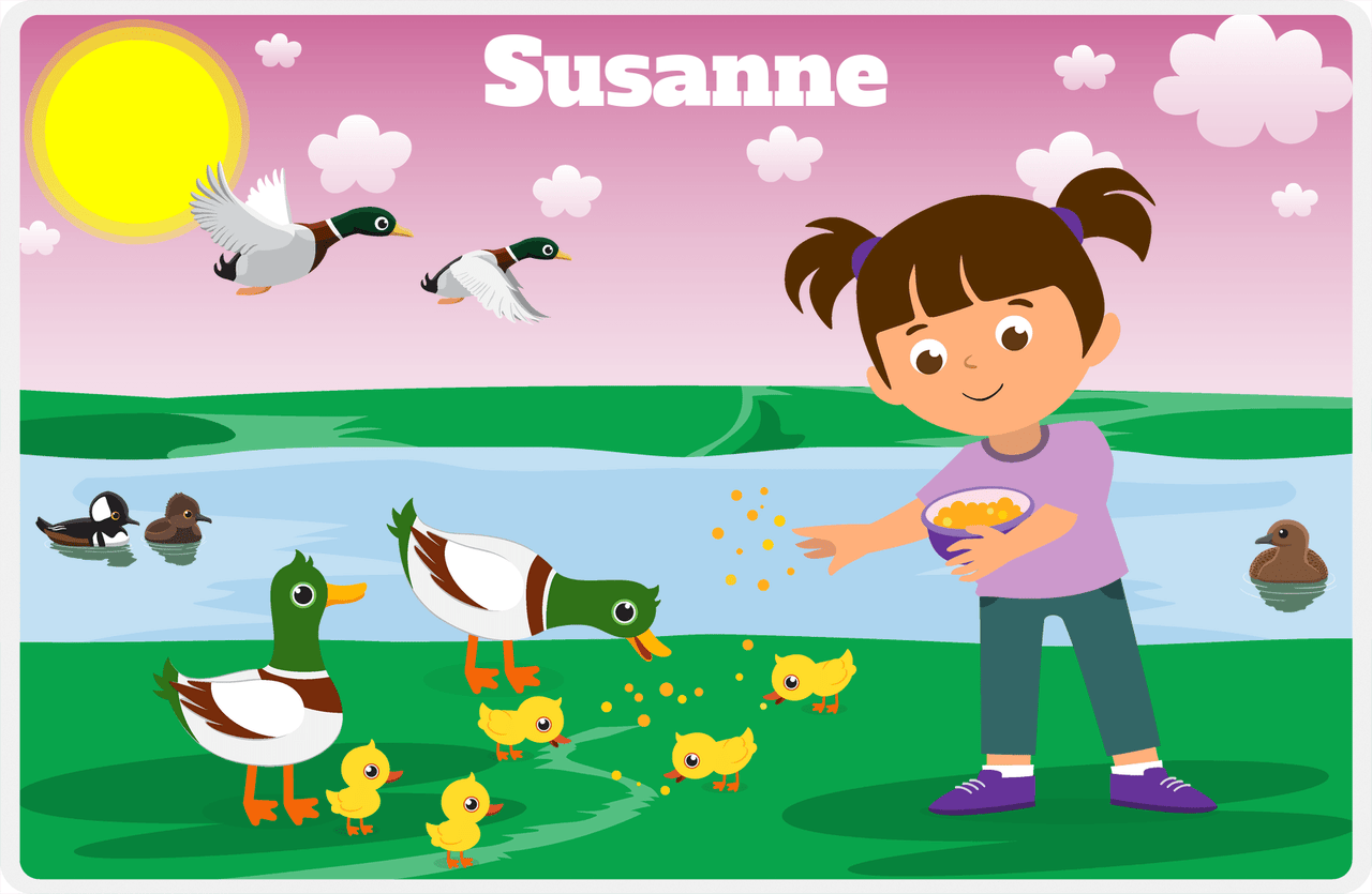 Personalized Ducks Placemat VI - Feeding Ducks - Brunette Girl -  View