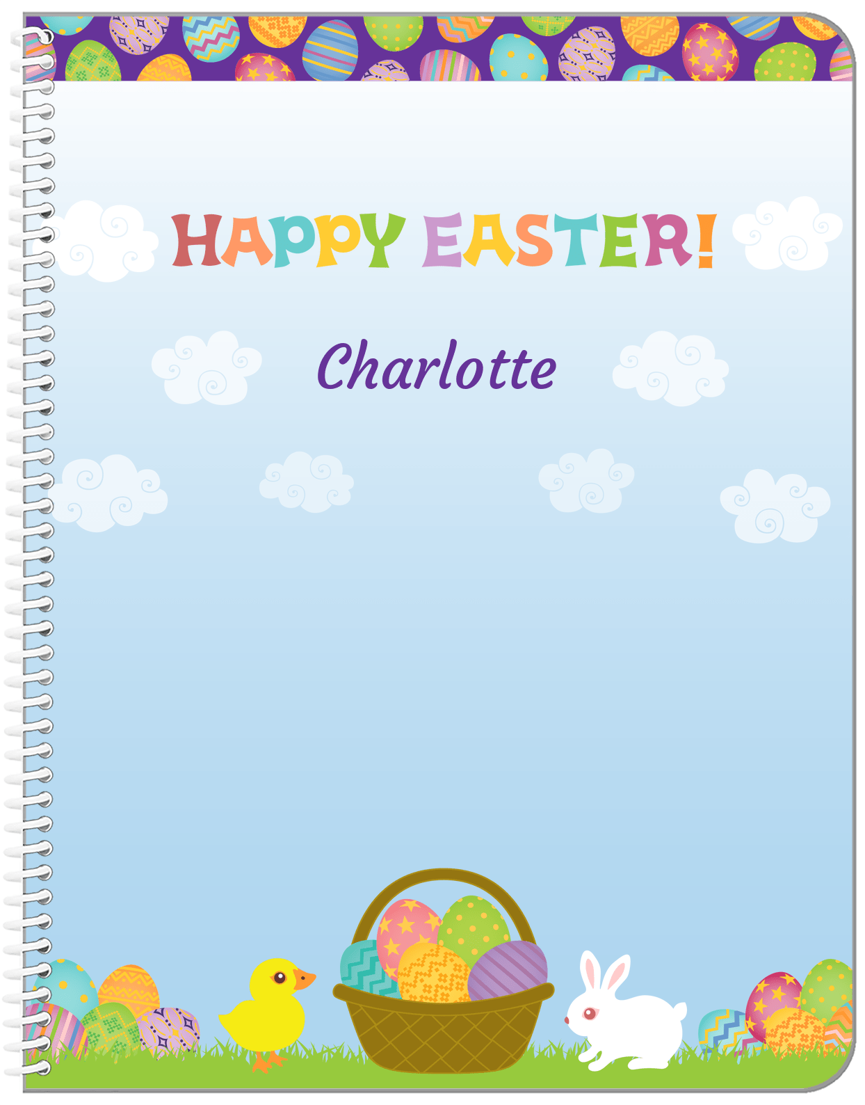 Personalized Easter Notebook V - Easter Basket - Blue Background - Front View