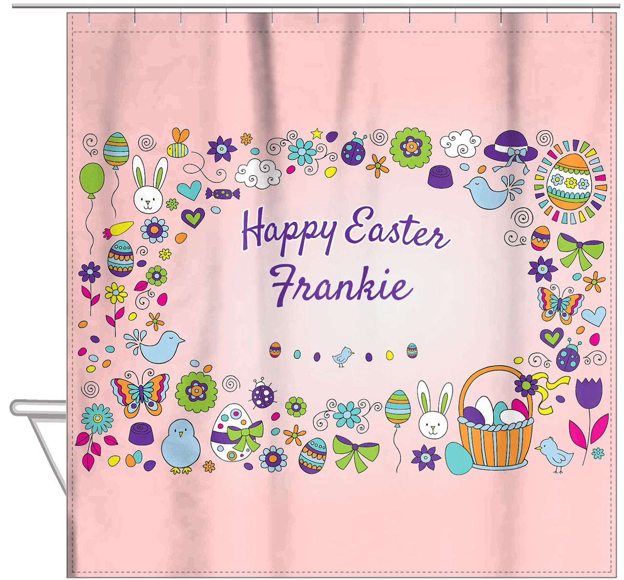 Personalized Easter Shower Curtain I - Easter Doodle - Pink Background - Hanging View