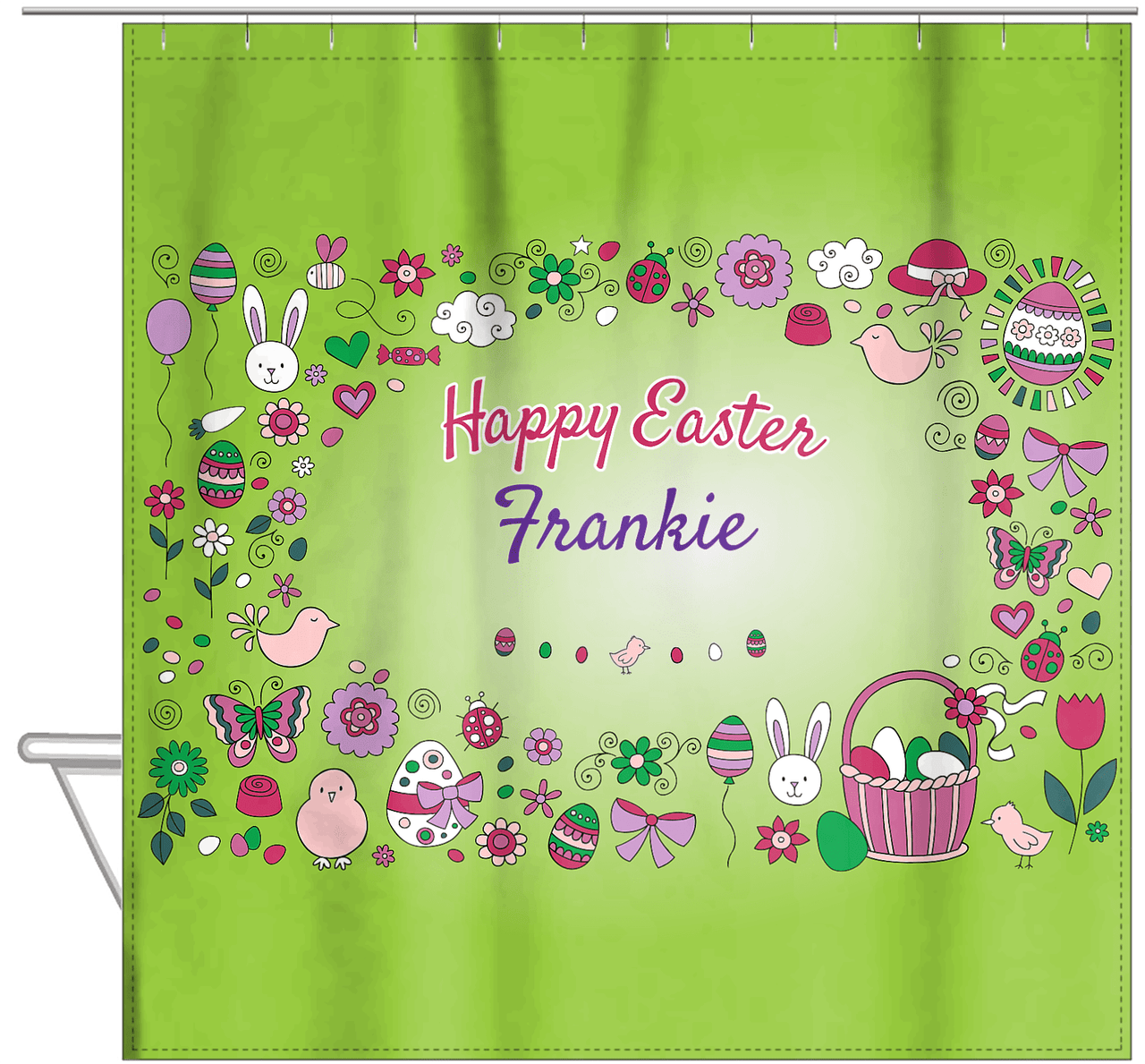Personalized Easter Shower Curtain I - Easter Doodle - Green Background - Hanging View