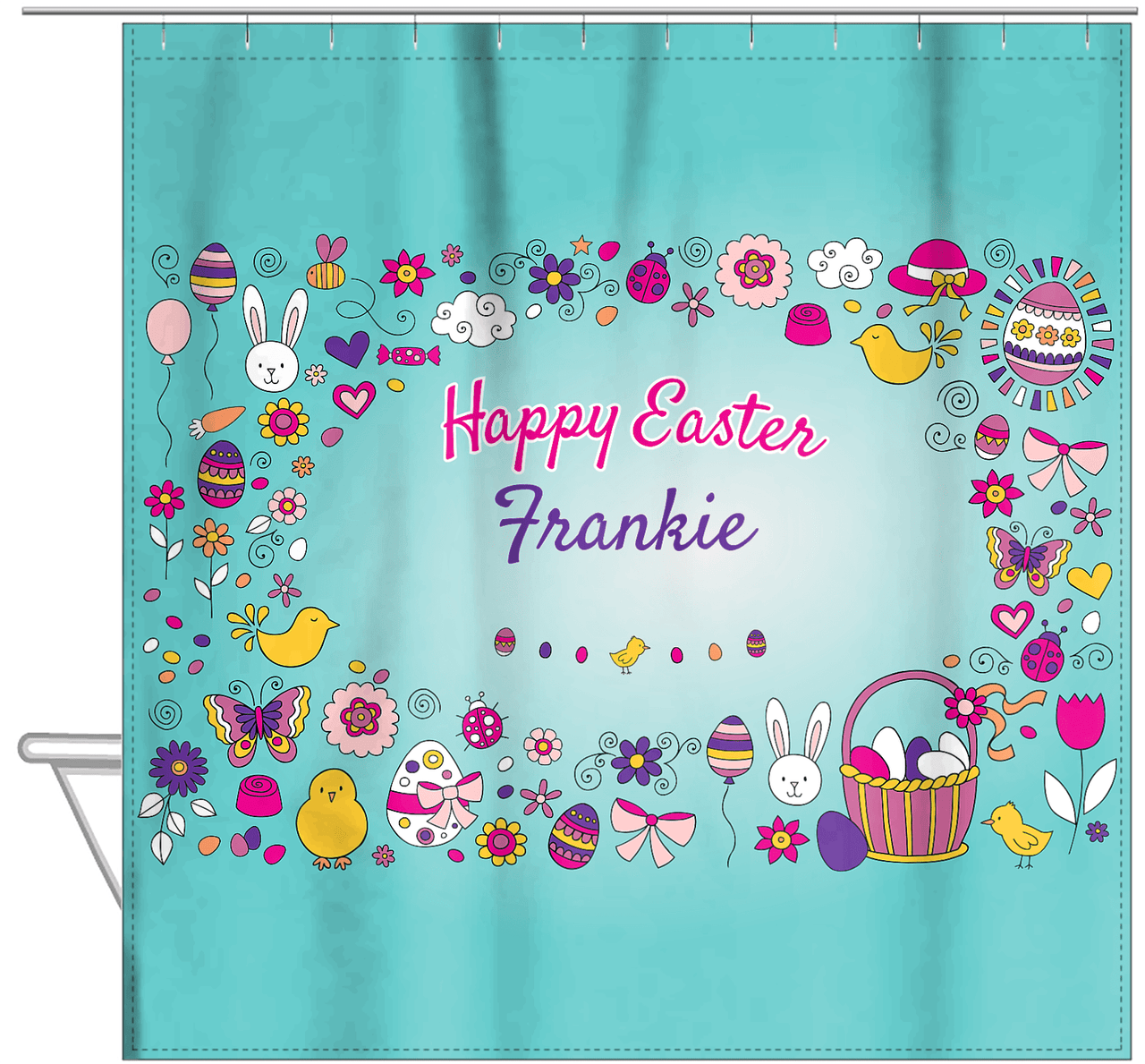 Personalized Easter Shower Curtain I - Easter Doodle - Teal Background - Hanging View