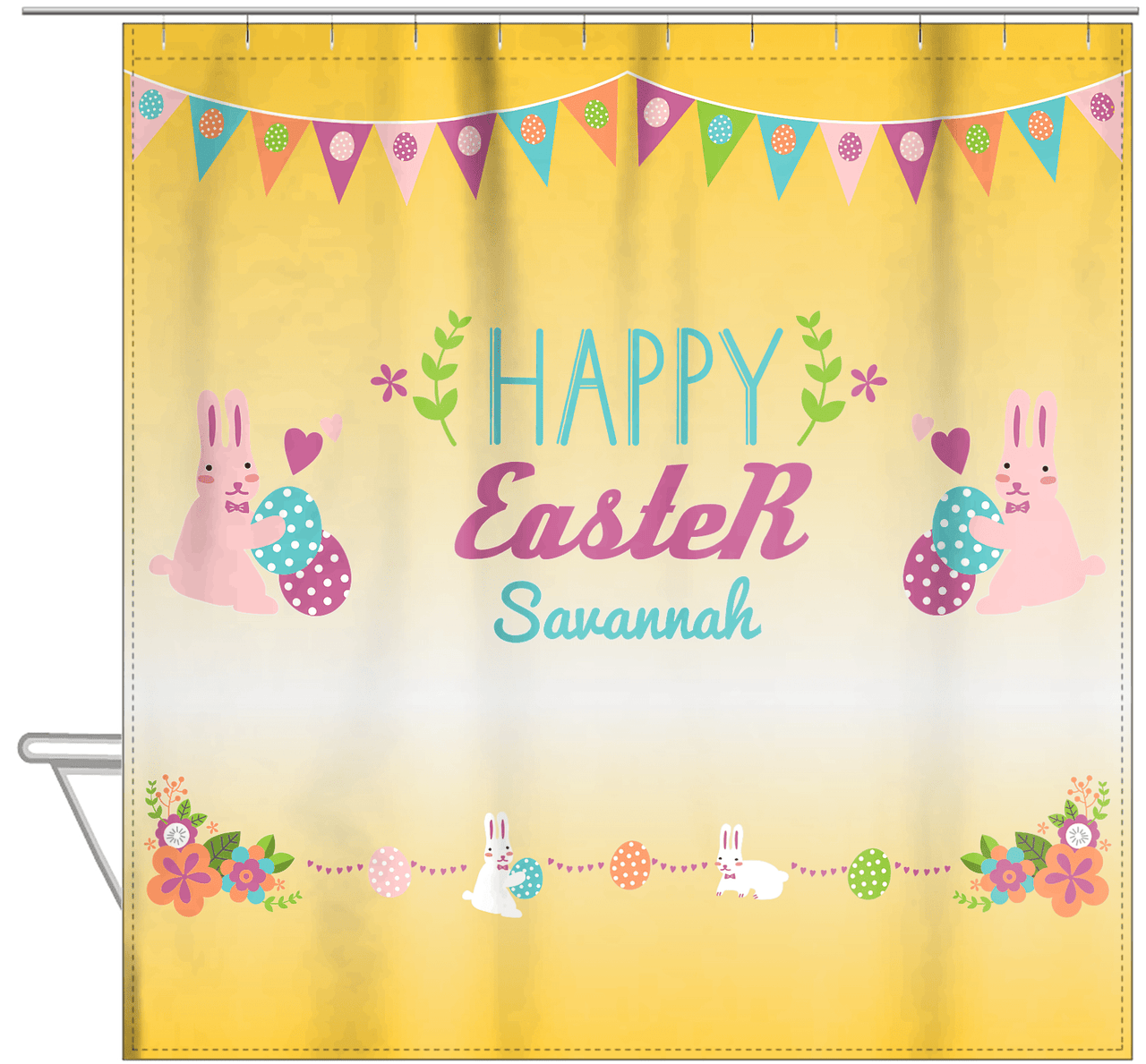 Personalized Easter Shower Curtain II - Easter Bunny - Yellow Background - Hanging View