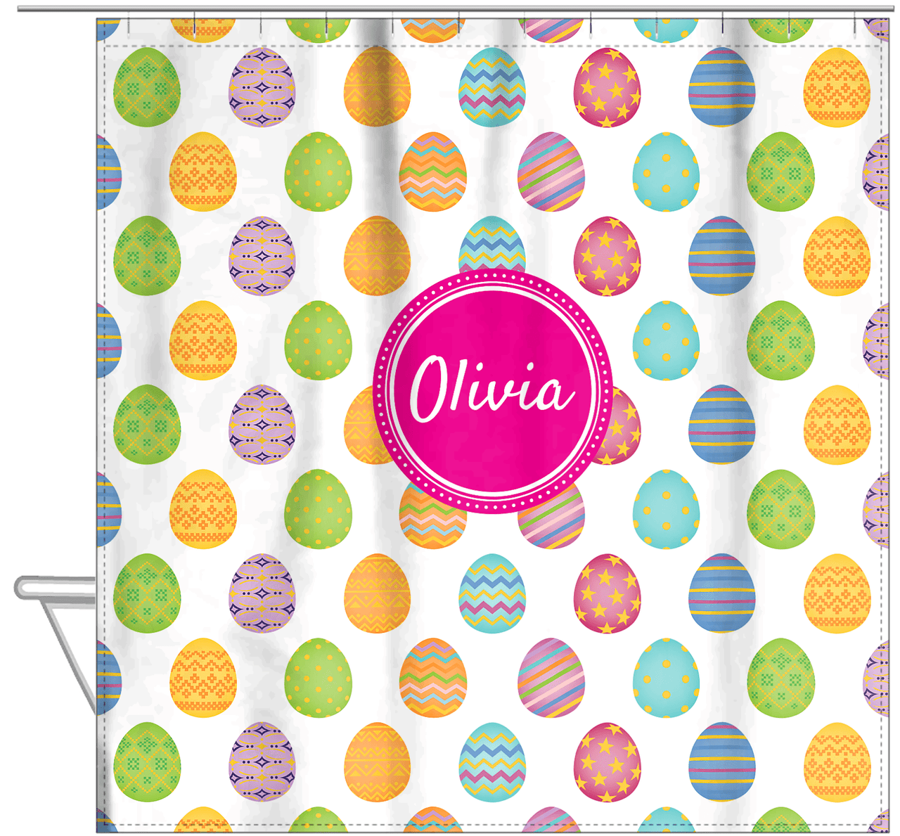 Personalized Easter Shower Curtain IV - Egg Pattern - Circle Nameplate - Hanging View