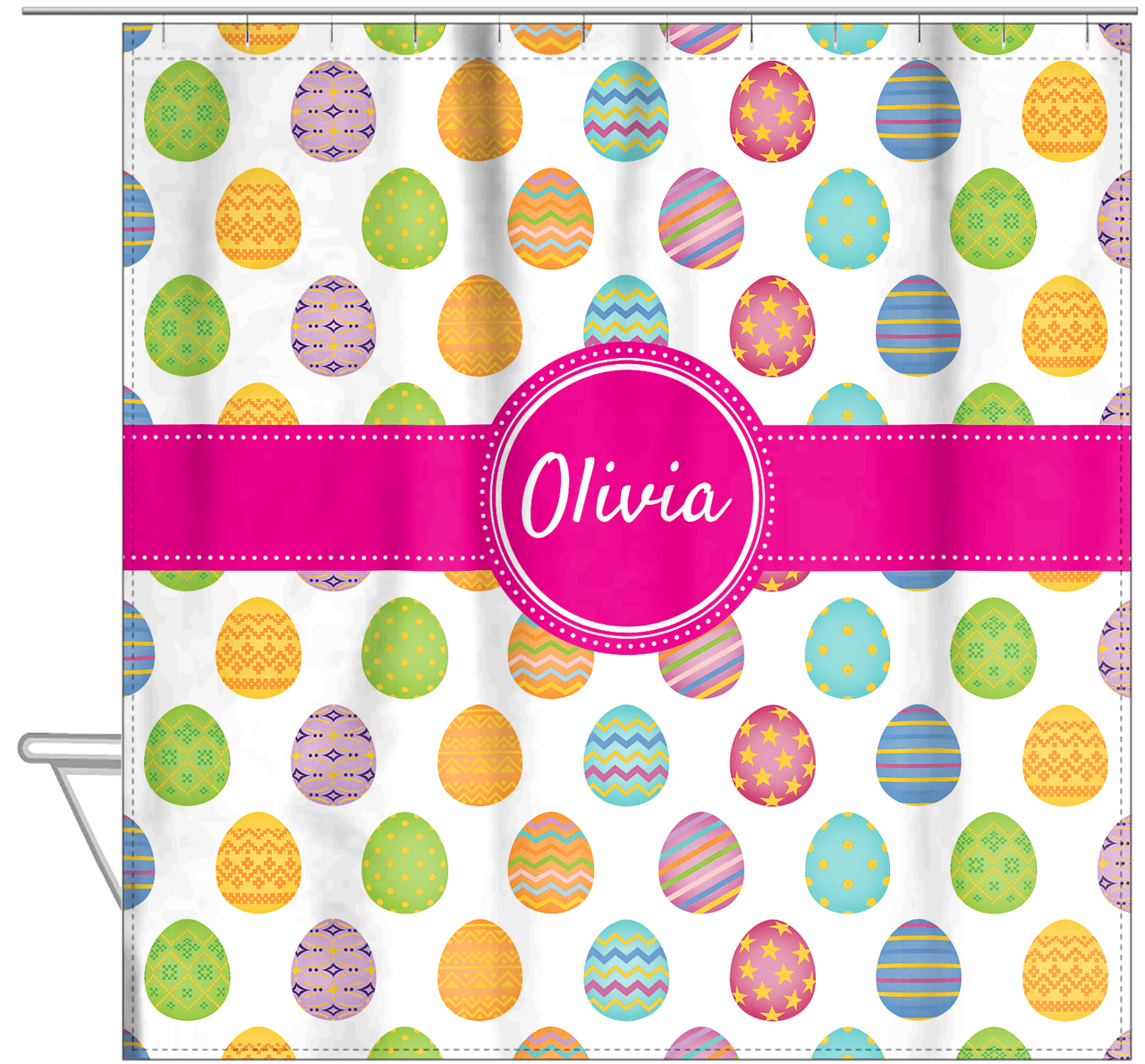Personalized Easter Shower Curtain IV - Egg Pattern - Circle Ribbon Nameplate - Hanging View