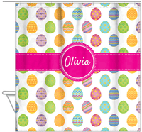Thumbnail for Personalized Easter Shower Curtain IV - Egg Pattern - Circle Ribbon Nameplate - Hanging View