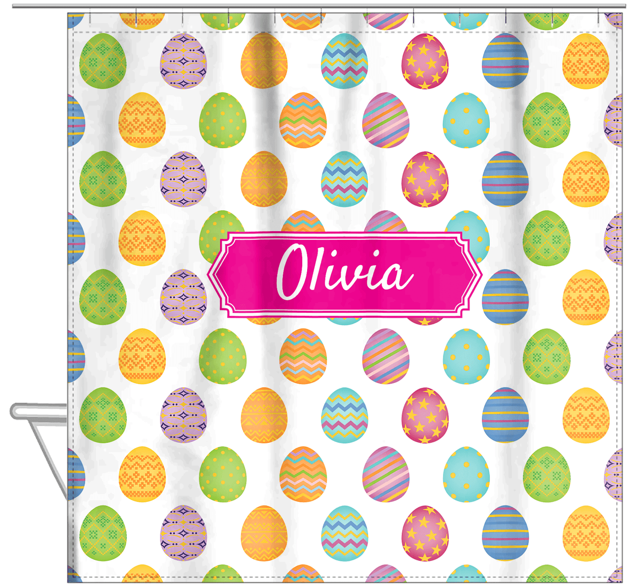 Personalized Easter Shower Curtain IV - Egg Pattern - Decorative Rectangle Nameplate - Hanging View