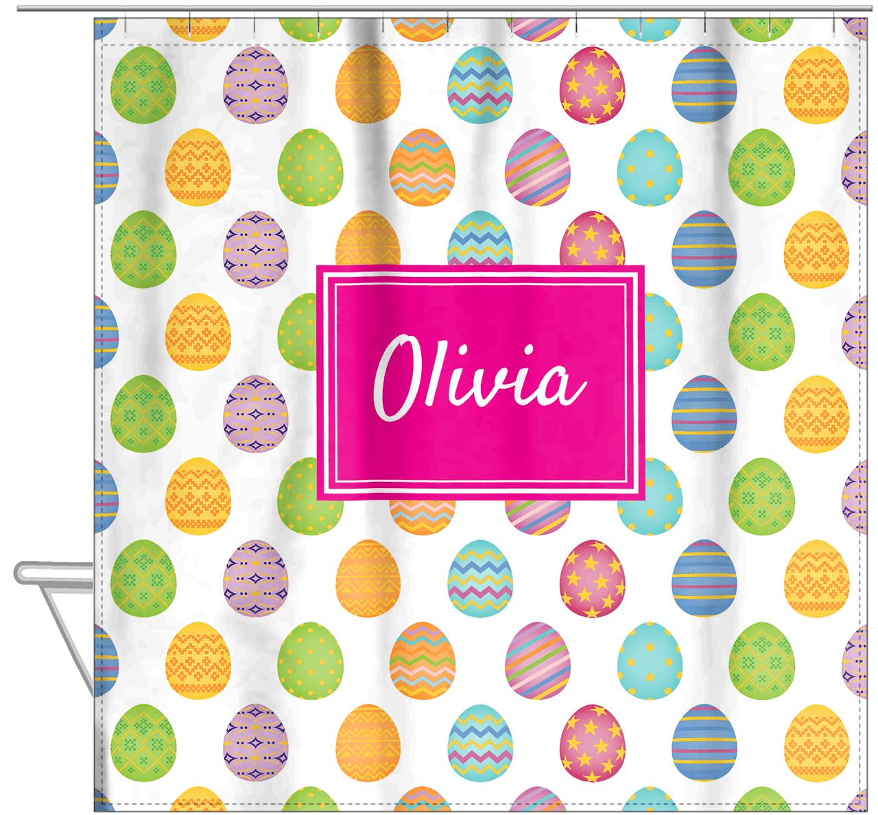 Personalized Easter Shower Curtain IV - Egg Pattern - Rectangle Nameplate - Hanging View