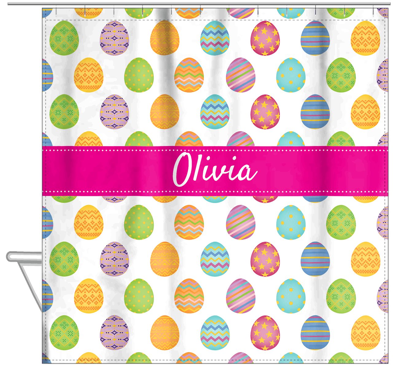 Personalized Easter Shower Curtain IV - Egg Pattern - Ribbon Nameplate - Hanging View