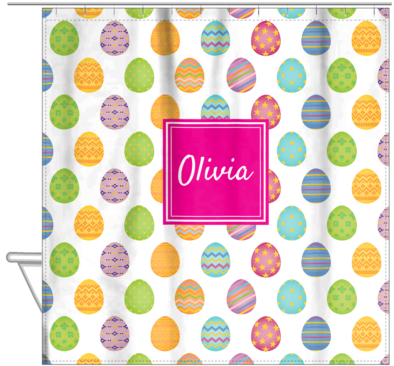 Personalized Easter Shower Curtain IV - Egg Pattern - Square Nameplate - Hanging View
