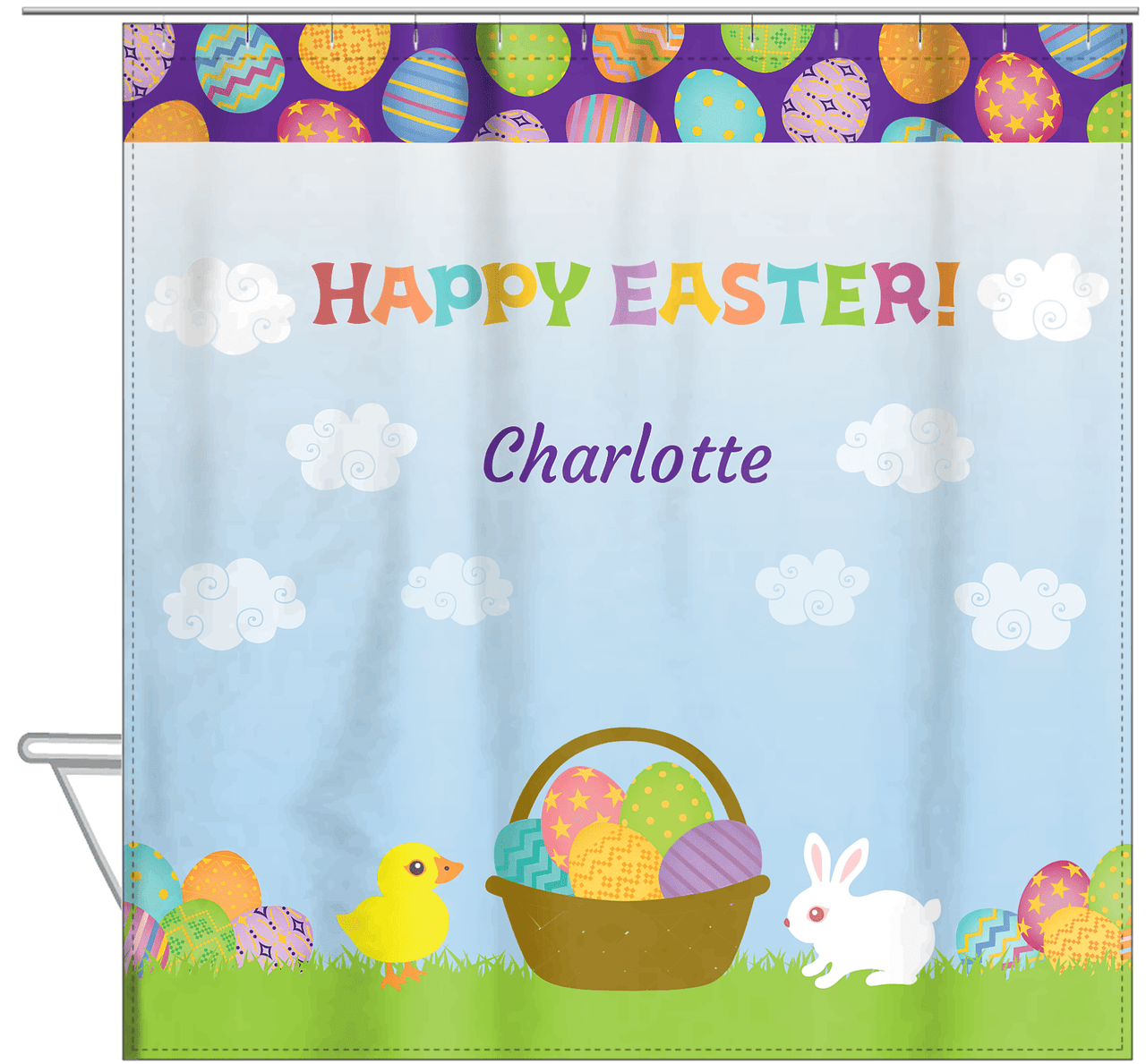 Personalized Easter Shower Curtain V - Easter Basket - Blue Background - Hanging View