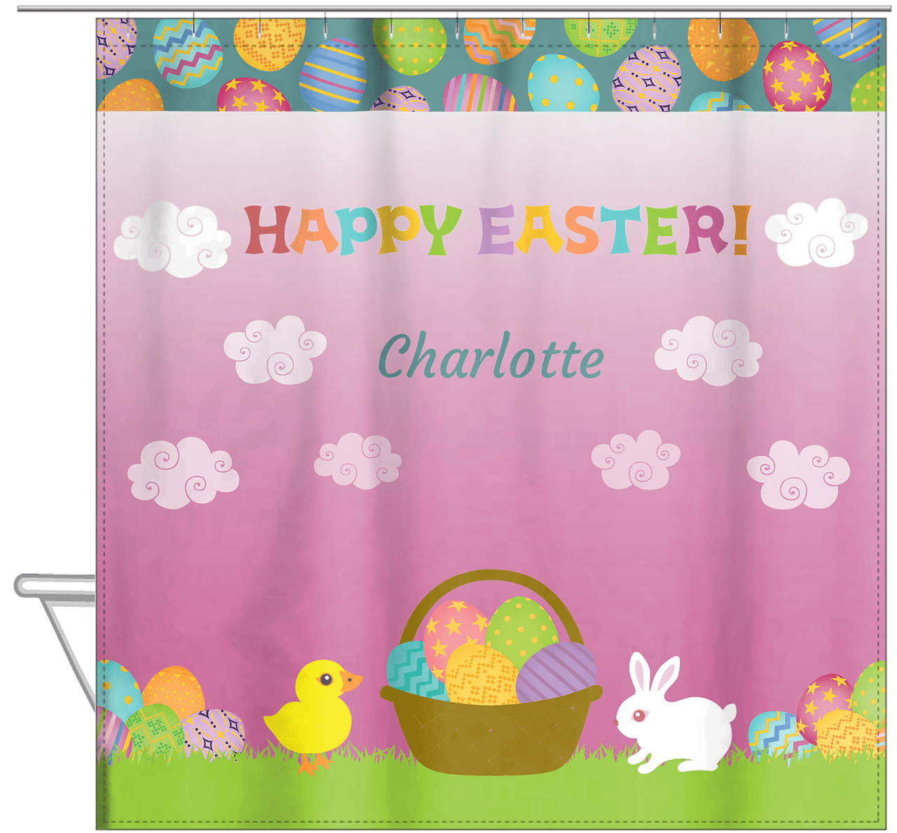 Personalized Easter Shower Curtain V - Easter Basket - Pink Background - Hanging View