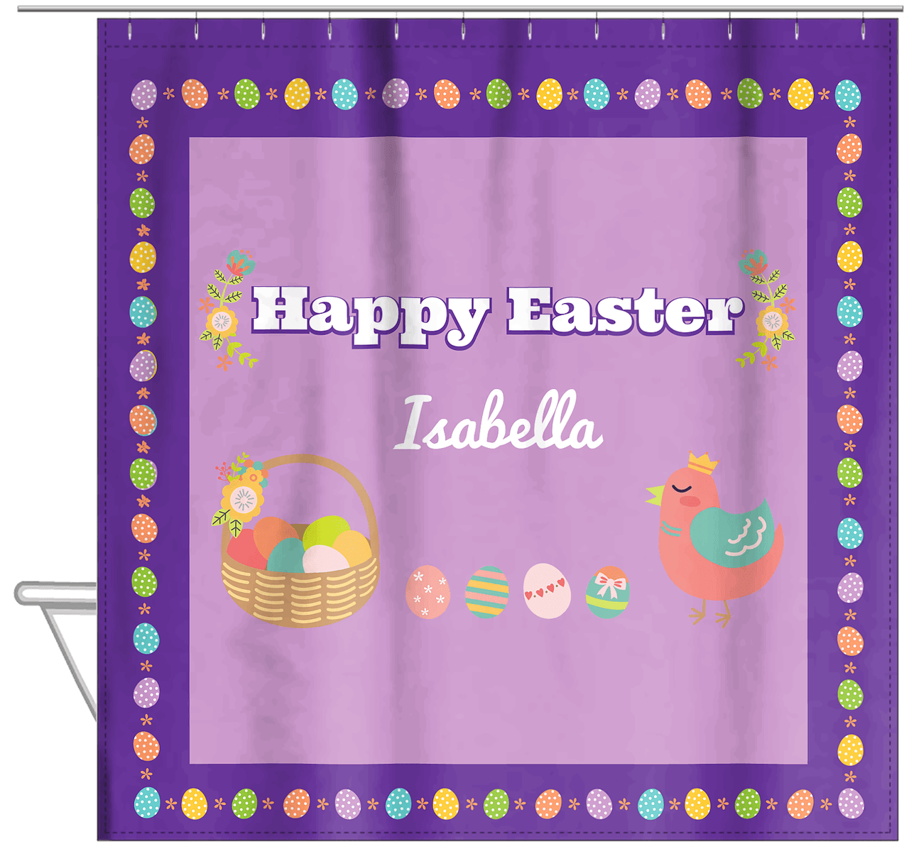 Personalized Easter Shower Curtain VII - Easter Eggs - Purple Background - Hanging View