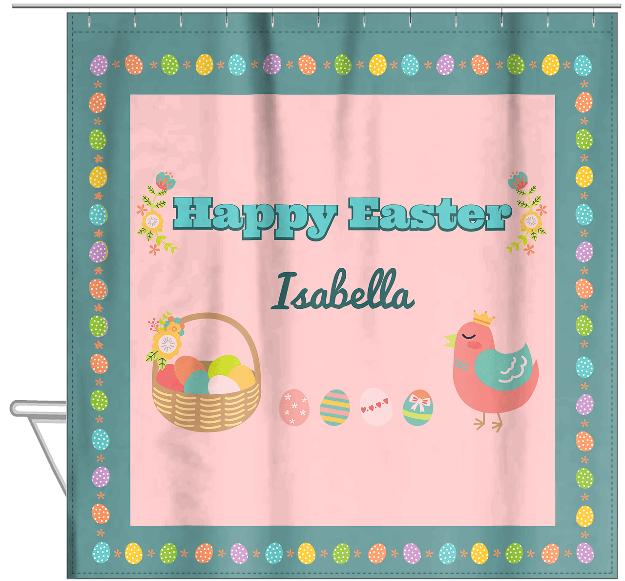 Personalized Easter Shower Curtain VII - Easter Eggs - Teal Background - Hanging View