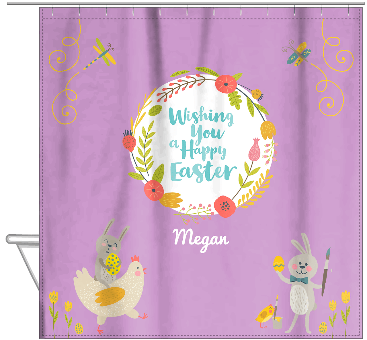Personalized Easter Shower Curtain VIII - Happy Easter - Purple Background - Hanging View