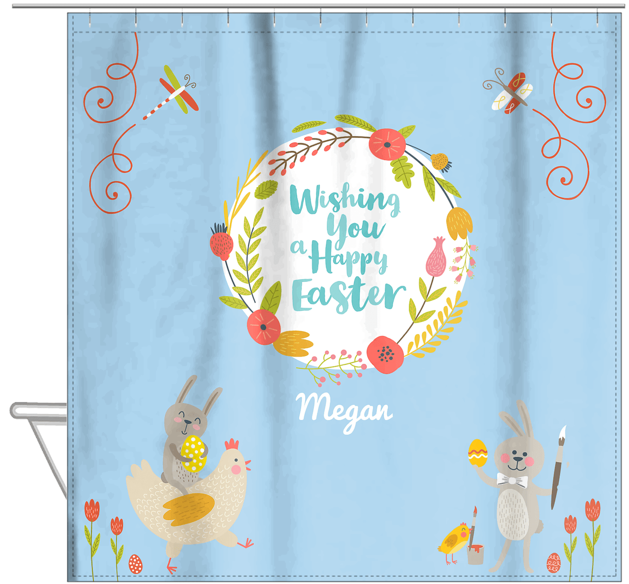 Personalized Easter Shower Curtain VIII - Happy Easter - Blue Background - Hanging View